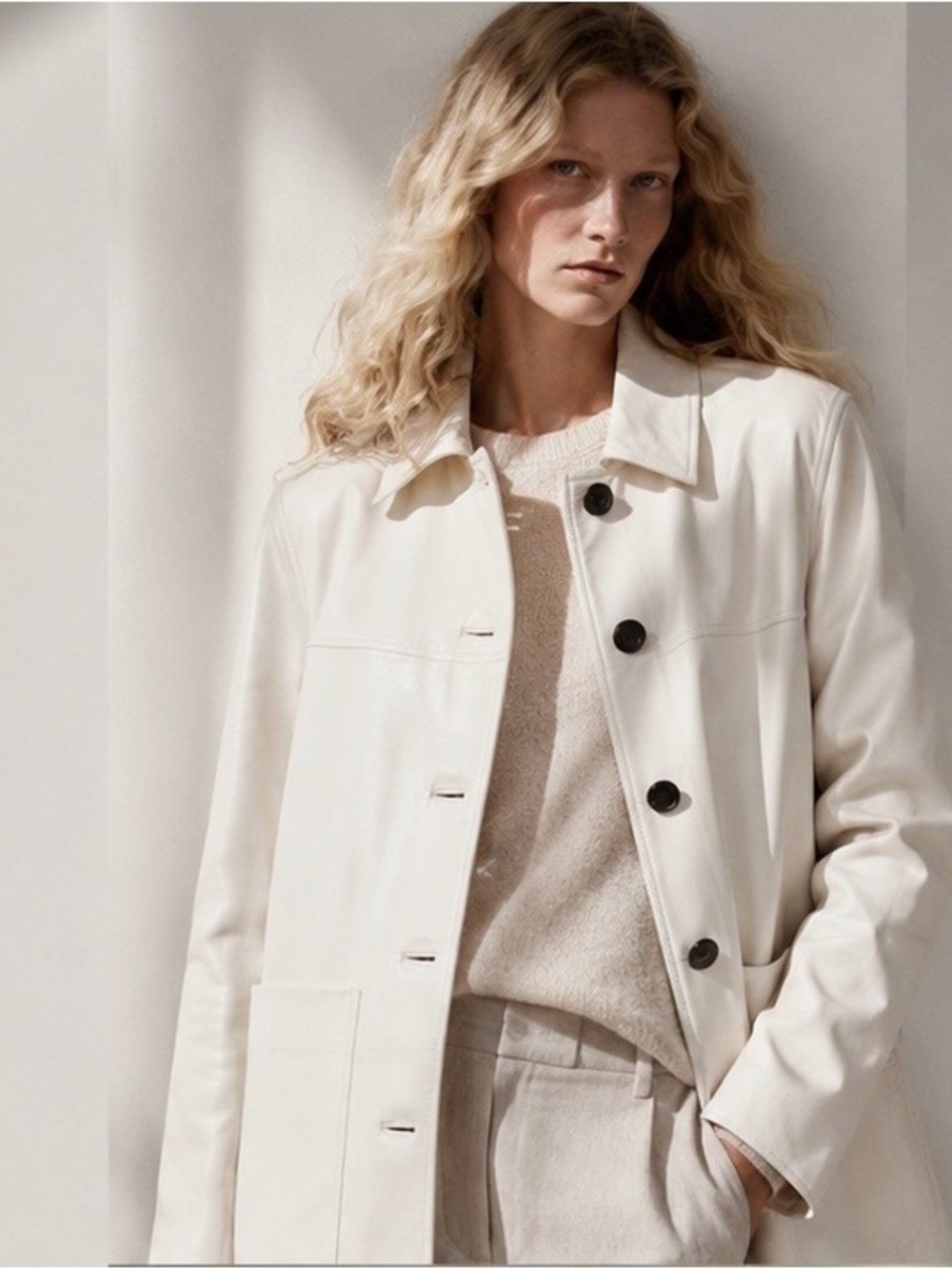 Massimo Dutti White Nappa Leather Lightweight Coat | Size M NWT
